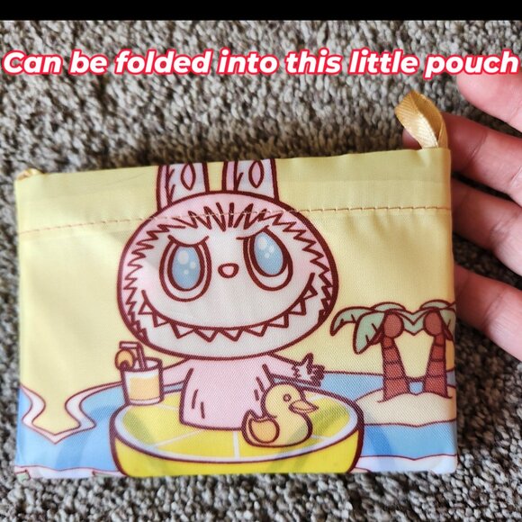 Labubu Yellow Foldable Reusable Shopping Bag with Small Pouch – Nylon - Picture 11 of 12